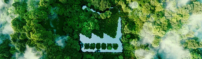 Wald von oben mit einem See, der wie ein Industriesymbol geformt ist